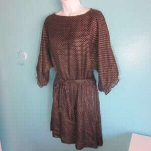 Alice Ritter 2 Women Dress Silk L Brown Gold Metallic Stripe Raglan Pleated